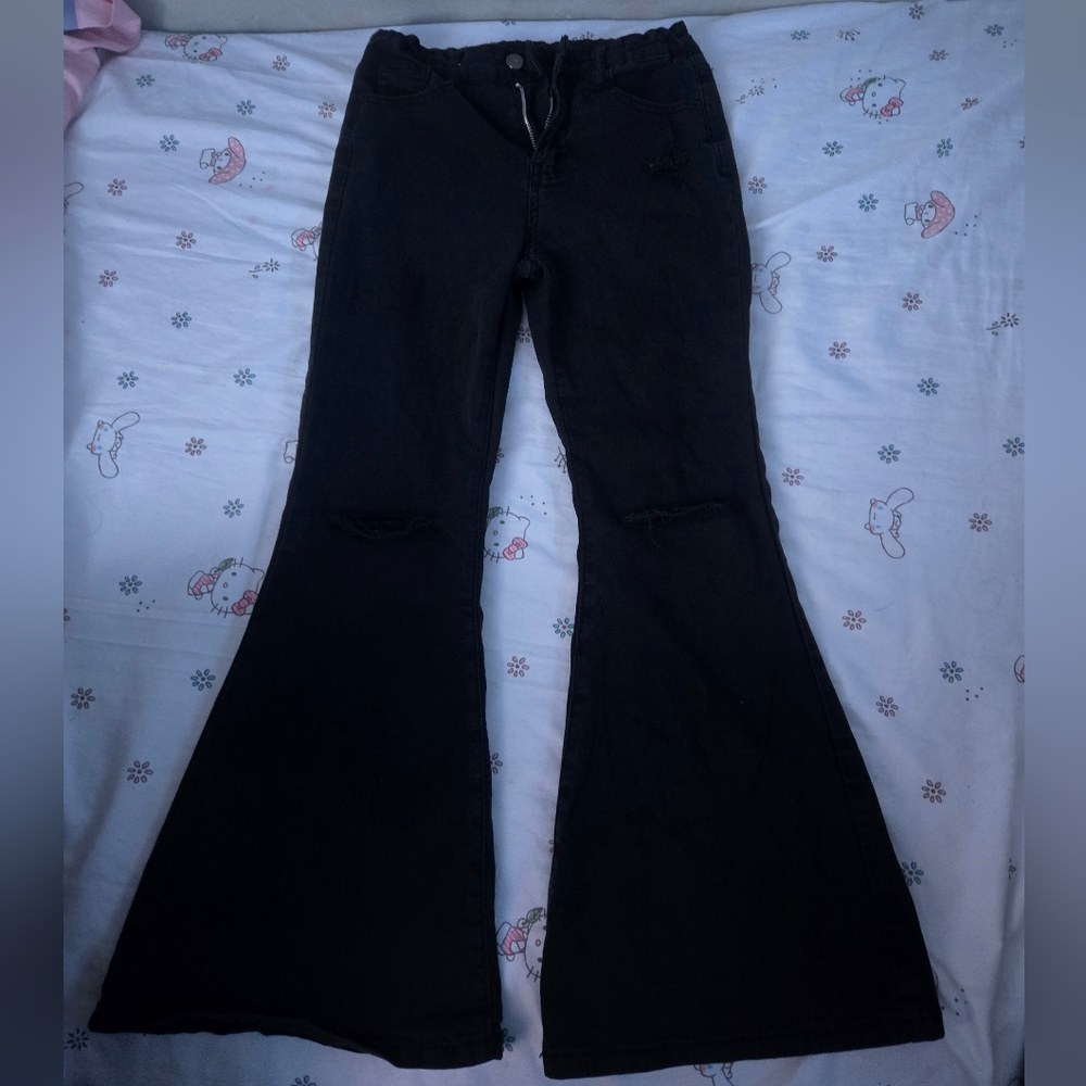 Black Flared Ripped Knee Jeans